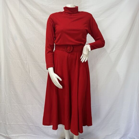 Vintage 80s Red Dress Women's 12 Belted Long - Picture 2 of 16